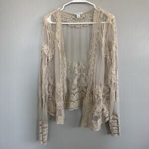 Sundance Woman’s Lace Cardigan Cover Up Bohemian Embroidered Sz L Beige Tan